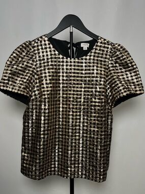 J. Crew Black and Gold Gingham Puff-Sleeve Top